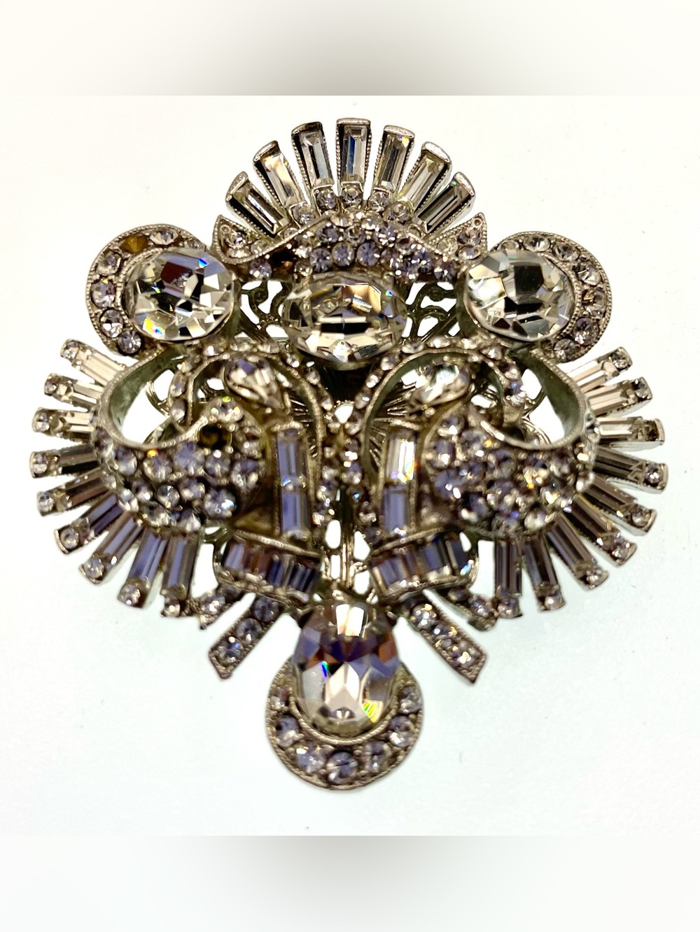 Vintage Signed Barrera Crystal Brooch Silver Tone Rhinestone Statement Pin 1980s